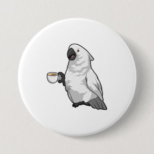 Parrot met beker koffie ronde button 7,6 cm