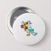 Parrot met beker koffie ronde button 7,6 cm (Voorkant /achterkant)