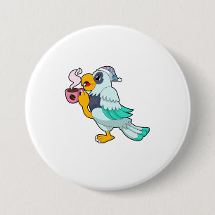 Parrot met beker koffie ronde button 7,6 cm