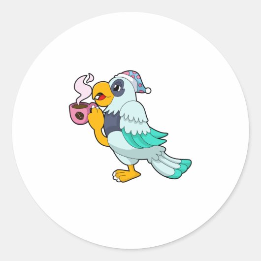 Parrot met beker koffie ronde sticker (Voorkant)