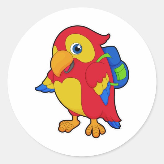 Parrot met rugzak ronde sticker (Voorkant)