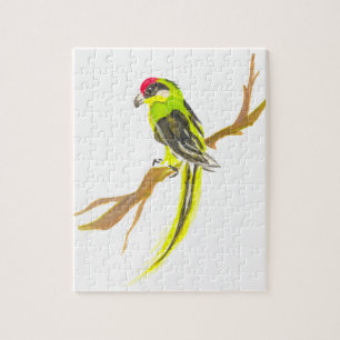 Parrot op een tak. Waterverf schilderen. Legpuzzel