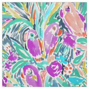 Parrot Party Whimsical Tropical Waterverf Patroon Stof