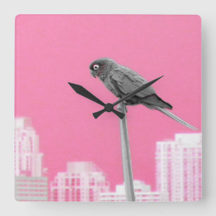 ~Parrot~ WALL CLOCK, PINK, AANPASSEN HET! Vierkante Klok