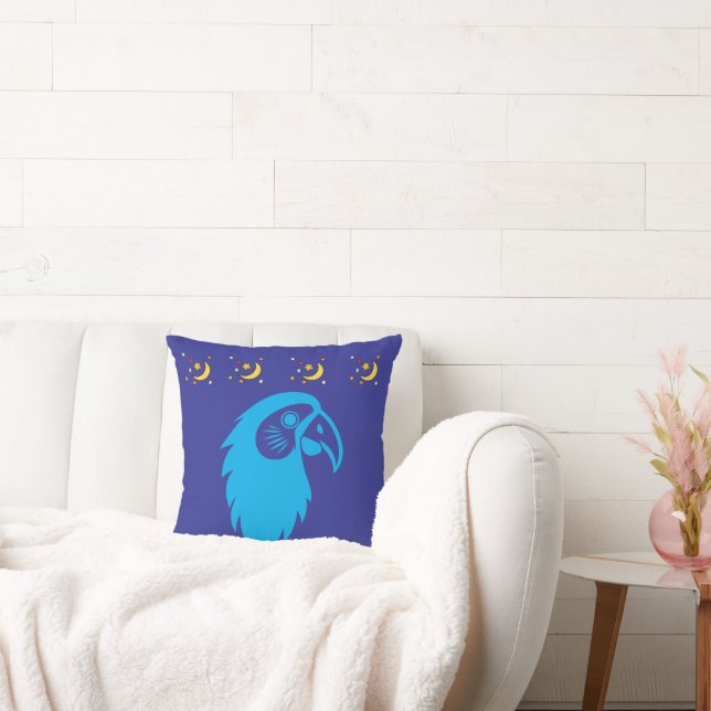 Parrot with Moon & Stars Blue Pillow Kussen (Bank)