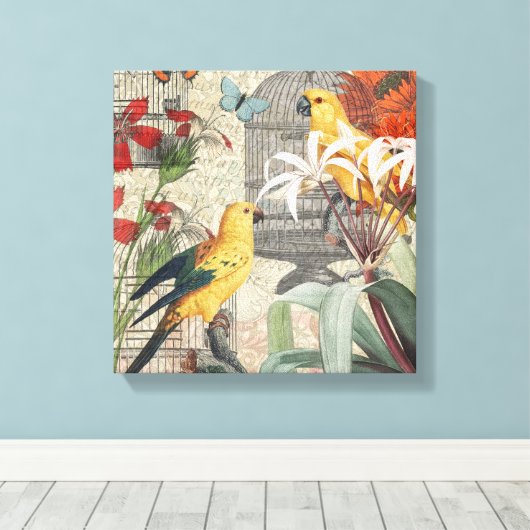 Parrot Yellow Tropical Antiek Flower Canvas Afdruk (Insitu (Houten vloer))