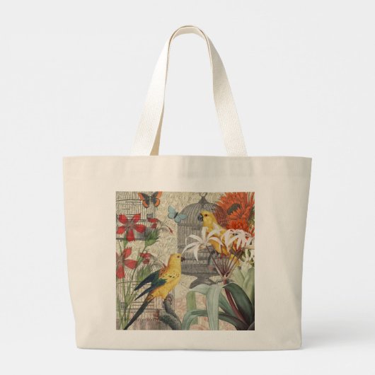 Parrot Yellow Tropical Antiek Flower Grote Tote Bag (Achterkant)