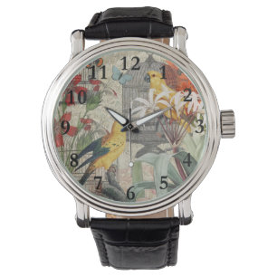 Parrot Yellow Tropical Antiek Flower Horloge