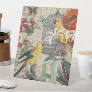 Parrot Yellow Tropical Antiek Flower Reclamebord Met Voetstuk