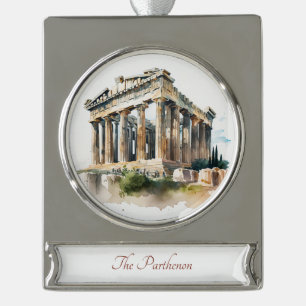 Parthenon Travel Art Waterverf Ornament Verzilverd Banner Ornament