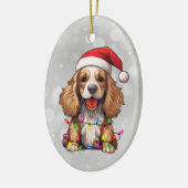 Parti Cocker Spaniel verpakt in kerstverlichting Keramisch Ornament (Links)