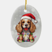 Parti Cocker Spaniel verpakt in kerstverlichting Keramisch Ornament (Voorkant)