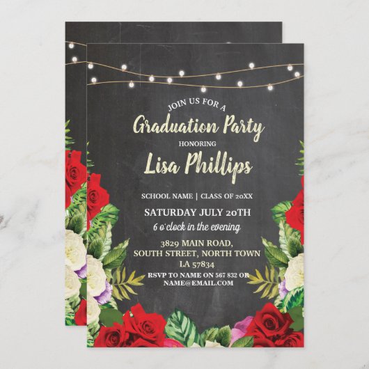 Parti de la graduation Invitation Rustic Red Roses (Devant / Derrière)