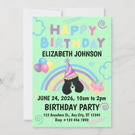 Parti Poodle Birthday Invitation in Green (Devant)