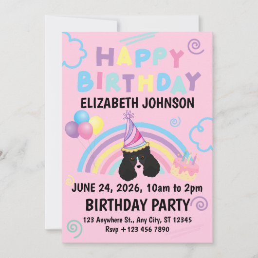 Parti Poodle Birthday Invitation in Pink (Devant)