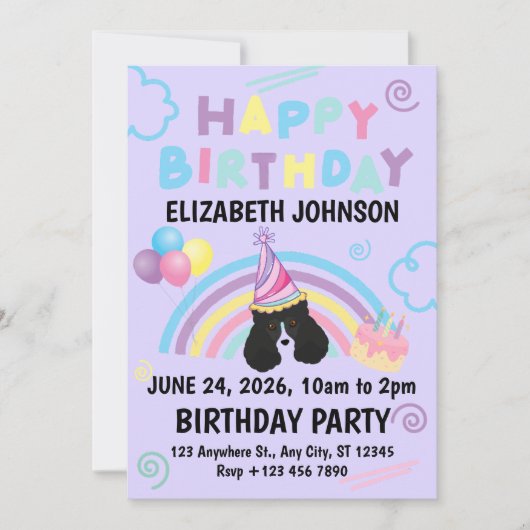 Parti Poodle Birthday Invitation in Purple (Devant)