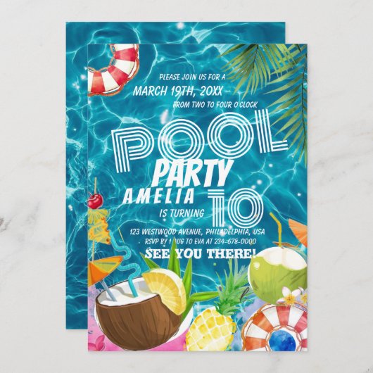 Partie du pool | Invitation de fête d'anniversaire (Devant / Derrière)