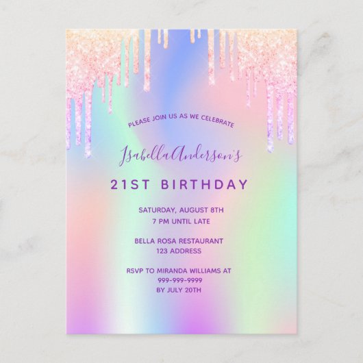 Parties scintillant arc-en-ciel rose invitation (Devant)