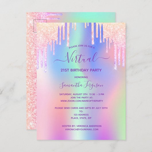 Parties scintillant arc-en-ciel rose invitation d' (Devant / Derrière)