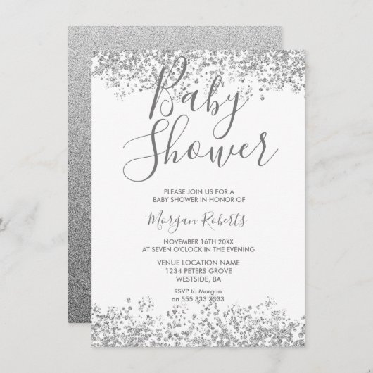 Parties scintillant Argent Invitation Baby shower  (Devant / Derrière)