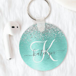 Parties scintillant argentée turquoise en métal br<br><div class="desc">Personnalisez facilement ce design porte - clé chic et branché avec une jolie parties scintillant brillante en argent sur un arrière - plan métallique brossé turquoise.</div>