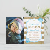 Parties scintillant Baptême Bleu et or Invitation (Debout devant)