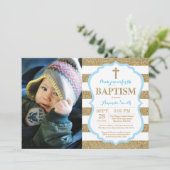 Parties scintillant Baptême Bleu et or Invitation (Debout devant)