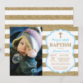 Parties scintillant Baptême Bleu et or Invitation (Devant / Derrière)