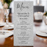 Parties scintillant d'argent et menu Mariage étinc<br><div class="desc">Parties scintillant argentée et menu Mariage étincelant. Ce menu Mariage de script girly moderne peut être customisé pour inclure les noms de la Mariée et de la Salle,  la date du mariage et les options du menu dîner mariage.</div>