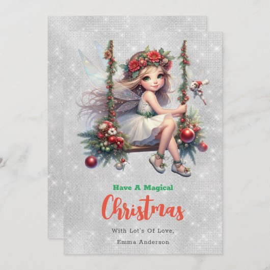 Parties scintillant d'argent Fée de Noël | Carte p (Devant / Derrière)