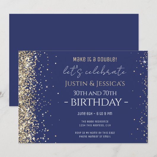 Parties scintillant d'or Bleu Double Invitation de (Devant / Derrière)