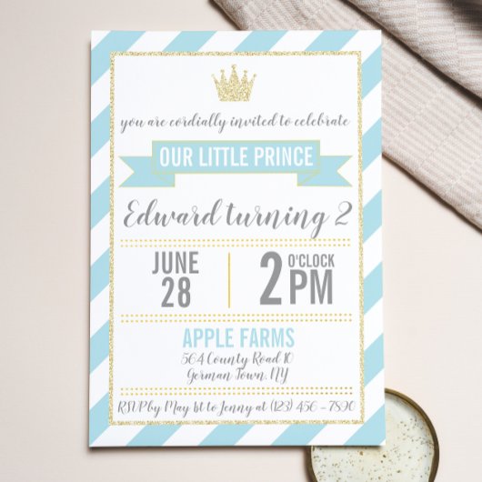 Parties scintillant d'or bleu Prince Invitation d'