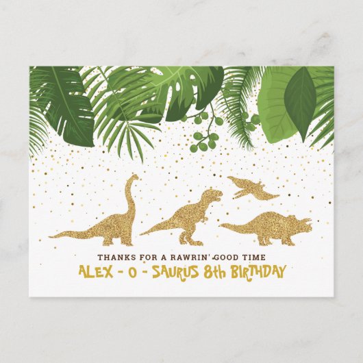 Parties scintillant d'or Dinosaur Carte de remerci (Devant)
