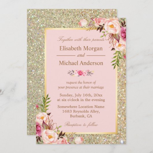 Parties scintillant d'or Faire-part de mariage flo (Devant / Derrière)