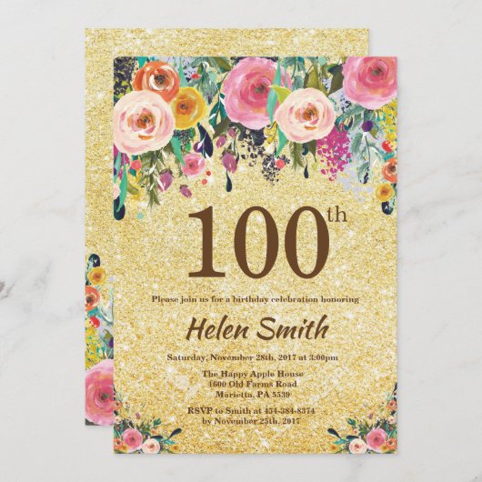Parties scintillant d'or Invitation Floral 100e an (Devant / Derrière)