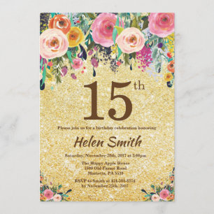 Parties scintillant d'or Invitation Floral 15e ann