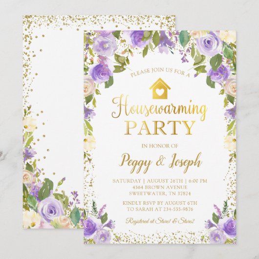 Parties scintillant d'or Purple Floral Invitation  (Devant / Derrière)
