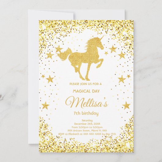 Parties scintillant d'or unicorne invitation anniv (Devant)