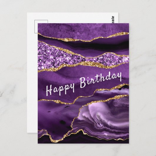 Parties scintillant d'or violet Carte d'anniversai (Devant / Derrière)