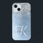 Parties scintillant en argent brossé bleu Nom du m<br><div class="desc">Personnalisez facilement ce design branché de boîtier de téléphone chic avec une jolie parties scintillant brillante en argent sur un arrière - plan métallique brossé bleu.</div>