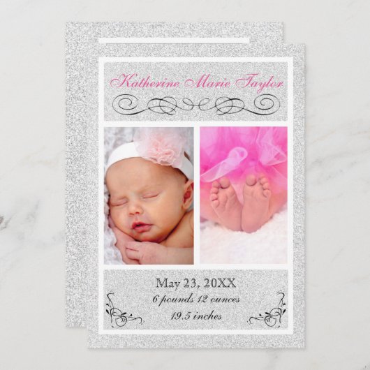 Parties scintillant en argent - Faire-part de nais (Devant / Derrière)