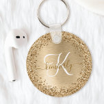 Parties scintillant en métal brossé or Nom du mono<br><div class="desc">Personnalisez facilement ce design porte - clé chic et branché avec une jolie parties scintillant dorée brillante sur un arrière - plan métallique brossé à l'or.</div>