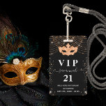 Parties scintillant en or noir mascarade badge d'i<br><div class="desc">Un badge moderne, élégant et glamour pour une fête d'anniversaire de 21e (ou tout âge). Un arrière - plan noir avec parties scintillant en faux or foncé et masque masqué. Avec le texte : VIP. Personnalisez et ajoutez le nom, l'âge, l'adresse/la date. Le nom est écrit avec un script de...</div>