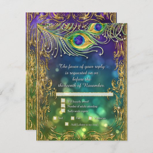 Parties scintillant en or Peacock Mariage menu RSV (Devant / Derrière)