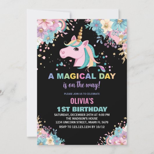 Parties scintillant Florale Unicorn Invitations An (Devant)