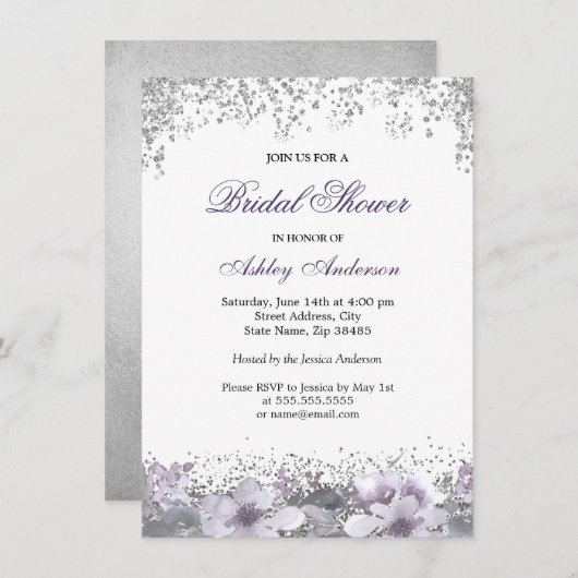 Parties scintillant florale violet Invitation de l (Devant / Derrière)