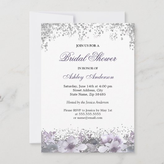 Parties scintillant florale violet Invitation de l (Devant)