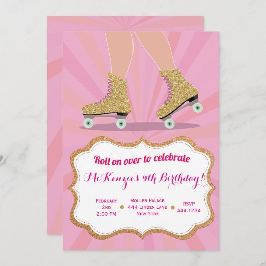 Parties scintillant Gold Roller Skate Invitations  (Devant / Derrière)