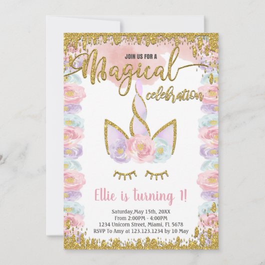 Parties scintillant Magique Unicorn Invitations An (Devant)