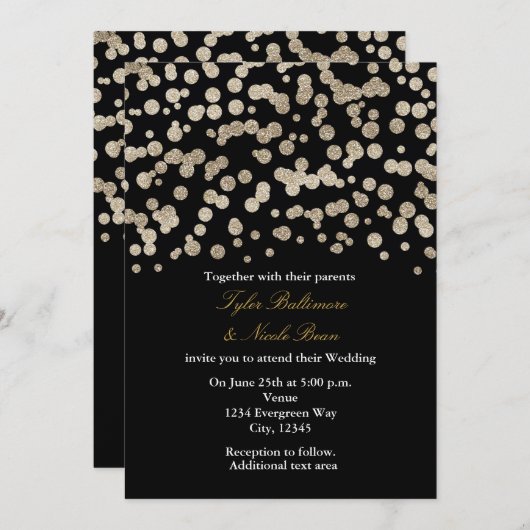 Parties scintillant Noir & Or Point Faire-part de (Devant / Derrière)